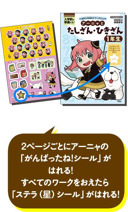 2ページごとにアーニャの「がんばったね！シール」がはれる！すべてのワークをおえたら「ステラ（星）シール」がはれる！
